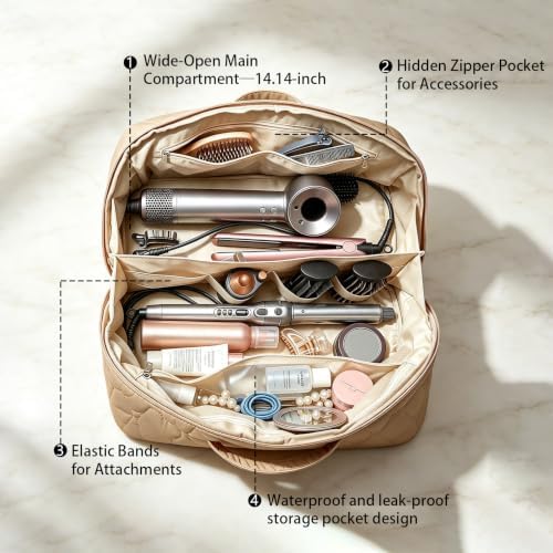 Hair Tools Travel Bag 5-Piece Set with Heat Resistant Mat Insulated Pouch and 2 Cord Straps, Large Fabric Organizer for Hot Brush Curling Iron Flat Iron Hair Dryer, Available in Camel - Image 4