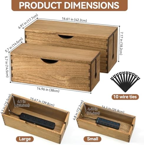 KIRIGEN Wooden Cable Management Box Set of 2, Cord Organizer, Brown - Image 3