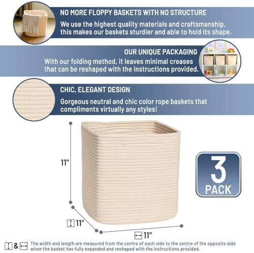 NaturalCozy Storage Cubes 11 Inch Cotton Rope Woven Baskets for Organizing, 3-Pack | Cube Storage Bin | Square Storage Baskets for Shelves Organizer, Classroom, Kids Toy Bins, Closet, Baby Nursery - Image 2