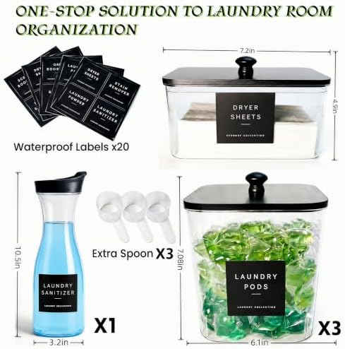 4+1 Pack Laundry Pods Containers & Dryer Sheet Holder & Laundry Detergent Dispenser, Laundry Room Organization and Storage Jars with Lids, Labels and Scoops for Scent Booster, Powder, Pods - Image 2