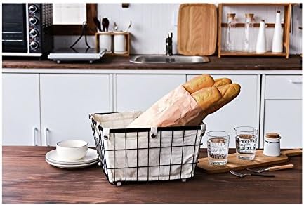 Handmade -Open Storage Bread Food Basket,Kitchen Cabinet and Pantry Storage Organizer Bin & Containers- Two Cut-Out Handles Wire Metal with Canvas Lining 13x10x7.5 Inches Black - Image 3