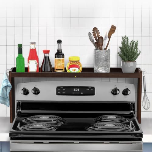 IIIOIIIA Bamboo Over the Stove Spice Rack Organizer Shelf for Kitchen, 31.5" with 6 Hooks, 11.4" Height Extra Storage Countertop, Easy to Assemble, Walnut by MOMABROTHERS