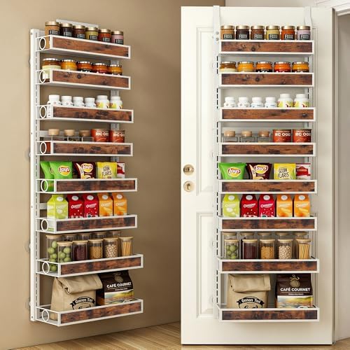 8 Tier Over The Door Pantry Orangizer 2 IN 1 Wall Mounted or Hanging Spice Rack with Adjustable Wood Basket,Heavy Duty Seasoning Storage Shelf for Kitchen Pantry and Bathroom by Clothink
