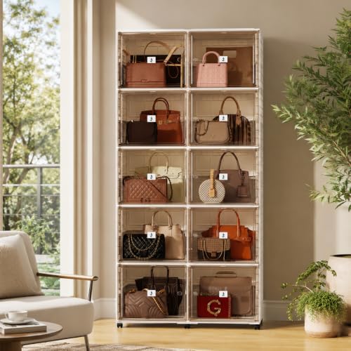 Purse Organizer for Closet, Handbag Storage, Brown 5-Tier 10-Cubby - Image 3