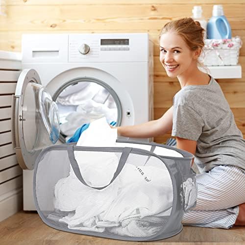 4 Pack Collapsible Laundry Baskets, Foldable Laundry Basket with Pocket, Durable Pop Up Hampers, Reinforced Handles Dirty Clothes Hamper for Laundry, Bedroom, Bathroom, Dorm, Travel or Camping Grey - Image 2