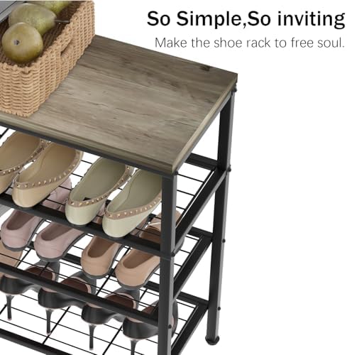 4-Tier Metal Shoe Rack with Wood Top - Durable & Space-Saving Shoe Organizer,Industrial Shoe Organizer Shelf Bench Storagefor Closet Entryway, Bedroom & Hallway - Gray + Black 28.5 W × 25.5" H - Image 5
