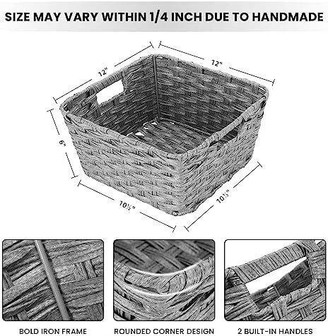 Onlytak 2-Pack Plastic Wicker Kitchen Storage Baskets, 12"x12"x6", Grey - Image 2