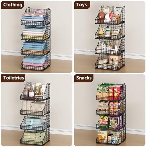 Lyuwanxian 4-Pack Stackable Wire Baskets for Closet Organizers and Storage, Open Storage Bins for Clothes, Toys, and Snacks - Rustic Metal Closet Organizer and Shelves in Black - Image 5