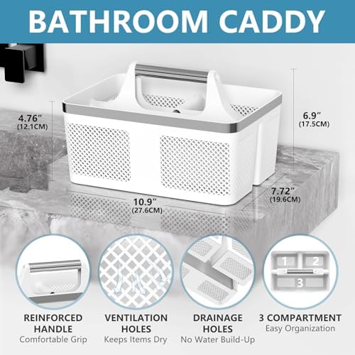 BYUNER 2Pack Shower Caddy Dorm: Portable Bathroom Caddy Organizer with Handle and Holes, Plastic Cleaning Caddy, Hard Shower Basket Storage Tote for Toiletry, College Dorm Room Essentials White/Silver - Image 2