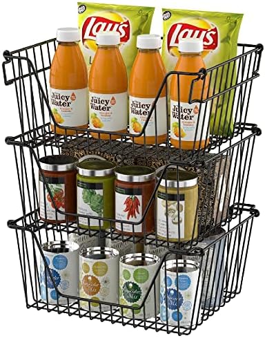Slideep Wire Storage Baskets, Freezer Baskets Farmhouse Stackable Organizer Storage Bins Large Organizer for Storage, Office, Bathroom, Pantry Organization Storage with Handles 14" Black -Set of 3 - Image 3