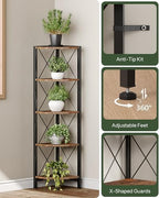 CHOEZON 5-Tier Corner Shelf, Corner Bookcase, 55.2" Tall Vertical Display Rack, Plant Stand, Open Storage Shelf, for Living Room, Bedroom, Study, Kitchen, Rustic Brown and Black TCJ12BF - Image 4