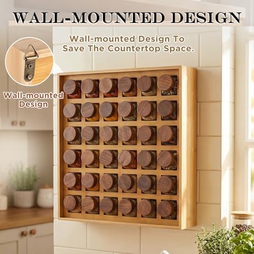 Novabright 36 Grids Bamboo Spice Organizer Wall Mount, Jars Not Included - Image 4