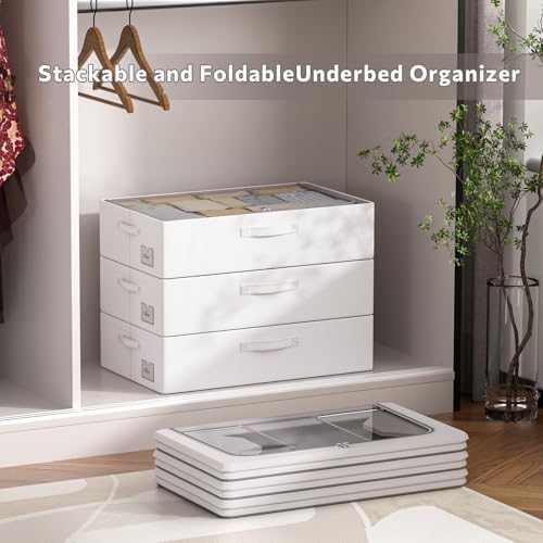 CYhom 3Pcs Under Bed Storage Bins with Metal Frame - Shoe Organizer for Closet with Clear Cover Oxford Fabric Sturdy Underbed Container Foldable Stackable Clothes Organizer (Grey, 23.5x15.7x6.3) - Image 6