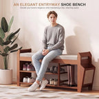 PETKABOO 39.4" Bamboo Shoe Rack Bench, 3-Tier Entryway Bench with Thick Cushion, Flip-Top & Side Storage, Holds Up to 550 LBS for Hallway, Living Room, Bedroom - Image 4
