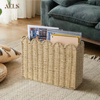AELS Woven Natural Fibre Magazine Holder, Scalloped Edge Floor Magazine Rack, Hand-woven Organizer, Boho Modern Farmhouse Book Basket, File Newspaper Mail Holder for Office - Image 3