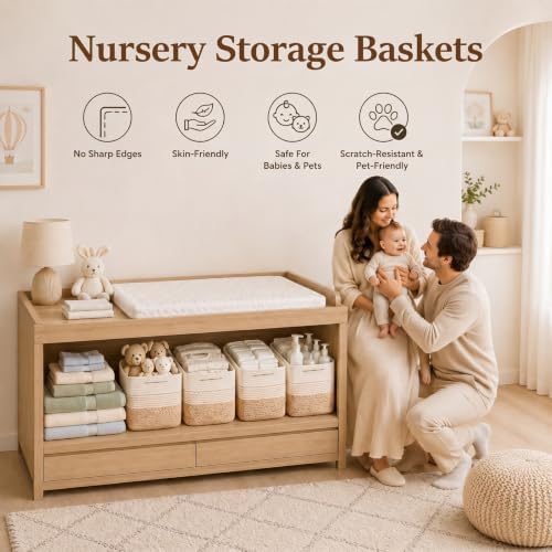 OIASKET 4 Pack Storage Baskets for Organizing, 13"X9"X7.87", Decorative Cotton Rope Baskets for Shelves, Small Woven Basket for Toys, Books and Towels, Brown & White - Image 6