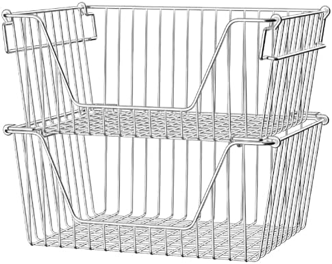 Slideep 14'' Large Stackable Storage Baskets Cabinet Organizer Sturdy Metal Wire Pantry Freezer Bin for Pantry Home Bathroom Kitchen Organization 2 Packs by WelcometotheSlideep