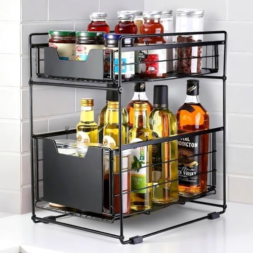 2 Tier Under Sink Organizer,Slide Out Kitchen Cabinet Organizer,Pull Out Pantry Storage with 2 baskets, Office Supplies,Kitchen,Bathroom Organizer with Sliding Drawer,Large Capacity,Multi-Use by TOPCJ