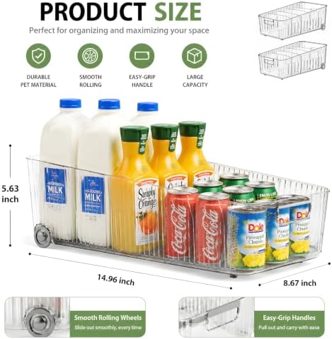 2 Pack Fridge Organizer Bins with Wheels, Clear Roll Out Refrigerator Drawers with Adjustable Dividers and Handles, PET Pantry Storage Bins for Drinks, Snacks, Cans and Cabinet - Image 5