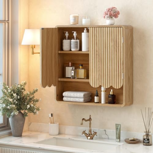 AVZEAR Fluted Bathroom Wall Cabinet Over the Toilet Storage Cabinet, Scalloped Medicine Cabinet with Adjustable Shelf, Wall Mounted Bathroom Cabinets, Natural - Image 4