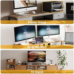 39 Inch Dual Monitor Stand Riser with 2 Drawers - Large Brown Wooden Computer Stand for 2 Monitors, Ergonomic Desk Organizer with Phone Holder, Desktop Storage for Laptop, Office Supplies, Home Office - Image 6
