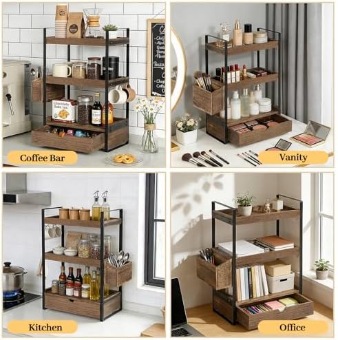3-Tier Bathroom Counter Organizer with Drawer Basket and Hooks, Wood Bathroom Organizers and Storage for Countertop, Farmhouse Countertop Organizer, Counter Shelf for Vanity, Kitchen,Office - Image 5
