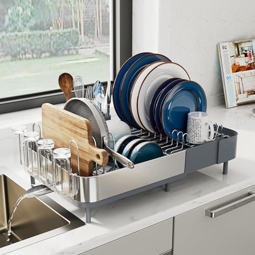SUNLY Expandable Dish Drying Rack, Versatile Brackets for Pots & Pans, Space Saving Kitchen Drying Rack, Dish Racks for Kitchen Counter, Stainless Steel Dish Drainers with Extendable Spout, Gray by SUNLYHOME