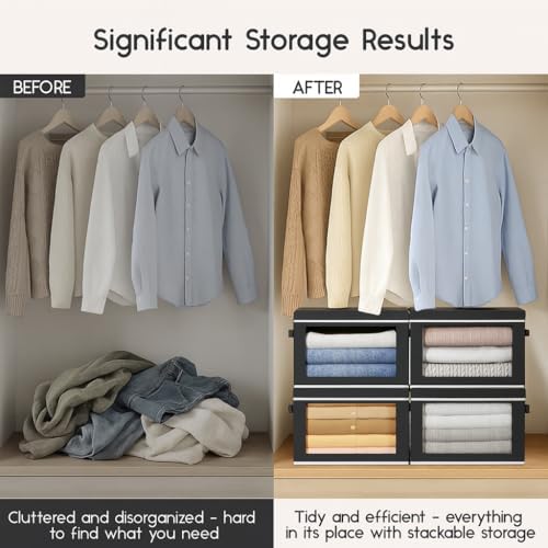 Homsorout Collapsible Storage Bins with Lids - Stackable Storage Containers with Window, 15.7 Inch Fabric Organizing Bins for Closet, Home & Office Organization Baskets, Black, 3 Pack - Image 7