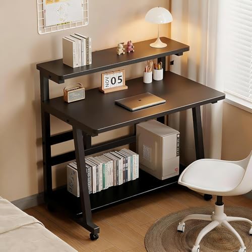 Rolling Computer Desk, 39.4 Inch Small Desks For Small Space, Portable Small Computer Desk with Monitor Stand & 3-Tier Storage, Portable Desk on Wheels for Writing, Home Office, Small Desk for Bedroom - Image 2