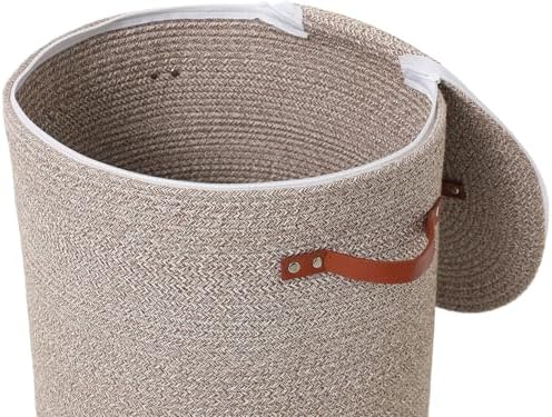 16"x20" Extra Large Cotton Rope Basket with Zipper Lid, Woven Laundry Hamper and Blanket Storage Basket, Round Clothes Bin for Living Room Bedroom, Camel & White Mix - Image 3