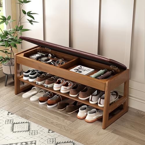 Shoe Rack Bench with Hidden Storage, 2‑Tier Solid Rubberwood Entryway Bench by IUNVR