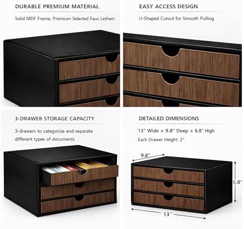 UnionBasic Document Organizer, 3-Drawer File Cabinet Document Storage Box, Office Desktop Filing Organizer, Black with Wood Grain Drawers - Image 4