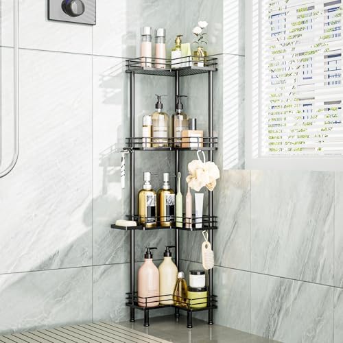 Consumest Corner Shower Caddy Standing - 4-Tier Stainless Steel Shower Organizer with Soap Holder and 4 Hooks, Large Capacity Corner Shelf Stand for Bathroom, Rest Room, Black by Consumest