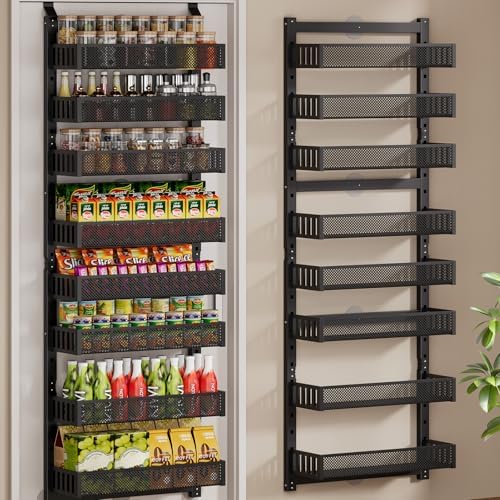 POKIPO 8-Tier Over the Door Pantry Organizer, 2 IN 1 Wall Mount or Hanging Spice Rack with Adjustable Raised Basket, Heavy Duty Back of Door Storage for Kitchen Bathroom Laundry Room by POKIPO