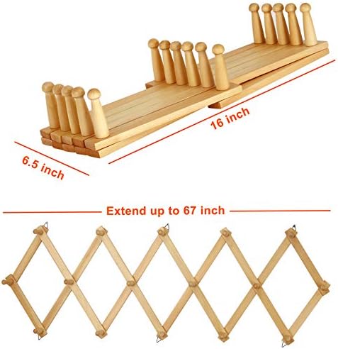 Dseap Accordian Wall Hanger: 16” High Wooden Wall Expandable Coat Rack, Hat Rack Holder, Accordion Hook for Baseball Caps, Coats, Mugs, 16 Peg Hooks, Natural - Image 5