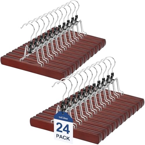 TOPIA HANGER 24 Pack Wooden Pants Hangers, Hair Extension Hangers Non Slip Skirt Hanger Wood Clamp with Velvet Padded 360° Swivel Hook for Jeans, Skirts, Trousers, Wigs Cherry CT68M by TOPIAHANGER