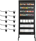 NectaCol 2'x 5' Standing Pegboard Display with T-Base, Pegboard Display Stand with Wheels, Metal Peg Board Display Rack, Art Display Stand, Extra 10 Pieces Hooks - Black by NectaCol