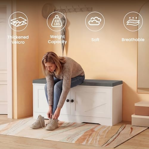 Apicizon Shoe Storage Bench, 2 Tier Entryway Bench with Padded Seat Cushion, 2 Barn Doors, Adjustable Shelves, 39.37" Shoe Bench with Storage for Entrance Hallway Bedroom Living Room, Beige White - Image 4