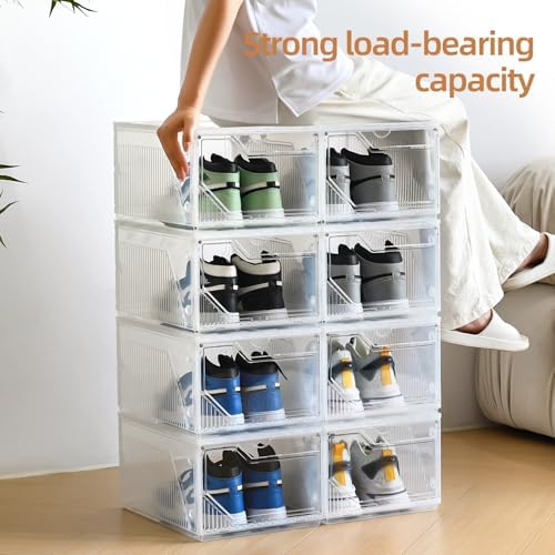 Large Shoe Boxes Clear Plastic Stackable，Drop Front Shoe Box with Clear Door, Shoe Containers For Sneaker Display,Fit up to US Size12 (white clear-Conjoined structure, 10 pack) - Image 6