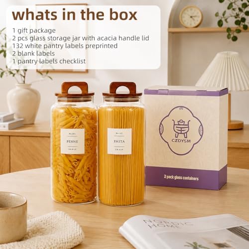 2 Pack Large Glass Flour and Sugar Containers with 132 Pantry Labels - 105 FL OZ Glass Canisters with Bamboo Airtight Lids - Farmhouse Kitchen Glass Pantry Jars for Cookie, Rice, Pasta, Cereal, Salt - Image 2