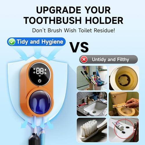 Wall-Mounted Toothbrush Holder for Bathroom, Proximity Sensor Toothbrush Cleaner, Compatible with Most Toothbrush Models, LED Smart Screen, Heating Film Drying, Rechargeable (04Orange) - Image 5