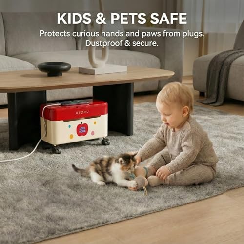 2-Tier Rolling Cable Management Box with Wheels (Large) – Mobile Power Strip Hider & Cord Organizer – Under Desk Wire Concealer & Charging Station Organizer – Baby & Pet Proof Safety (Macaron Pink) - Image 3
