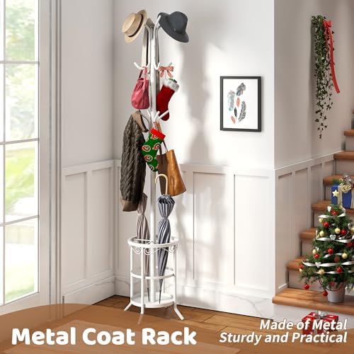 Coat Rack Freestanding with Umbrella Stand with 12 Hooks Metal Coat Tree Coat and Hat Hanger Jacket Entryway Coat Rack (White) - Image 2