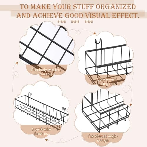 Black 4 Pack Grid Wall Hanging Baskets with 16 S Hooks, 15.8 x 3.9 x 3.2 Inch Metal Wire Wall Mount Storage Baskets for Grid Panels, Retail Display, Kitchen, Bathroom - Image 3