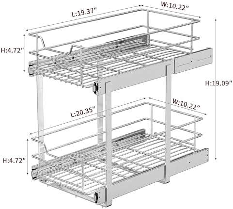 EZKAZA Pull Out Cabinet Organizer for Kitchen Utensil 11.5" W x 21" D, 2-Tier Cabinet Pullout Shelves and Drawer Organizer Slide Out Pantry Storage Basket, Bottom Basket 10.2" W x 20.4" D x 4.7" H - Image 7