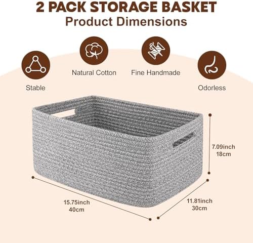 OIAHOMY Storage Basket for Shelves, Closet Cube Storage Bins Baskets for Clothes Blanket Towels, Baby Nursery, Toy Baskets Box, Woven Rope Basket, 15.75 * 11.81 * 7.09 IN, 2 Packs Grey - Image 2