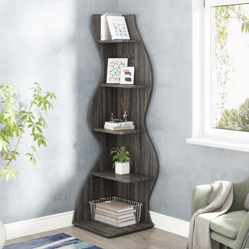 Tribesigns Corner Shelf, Modern 5-Tier Wall Corner Bookshelf, Stylish Corner Small Bookcase Storage Rack Plant Stand with Unique Shape for Living Room, Home Office(Gray, 2PCS) - Image 6