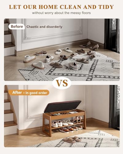 Shoe Rack Bench with Hidden Storage, 2‑Tier Solid Rubberwood Entryway Bench - Image 4
