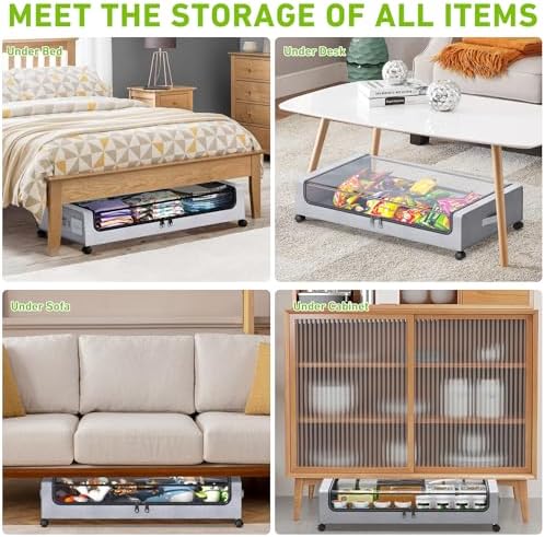 Tututry Under Bed Storage with Wheels, XXL 60L Under the Bed Storage Bins, Underbed Storage Containers with Lids & Label, Rolling Metal Drawer for Shoes, Clothes, Books, Toys (4-Pack Gray) - Image 5