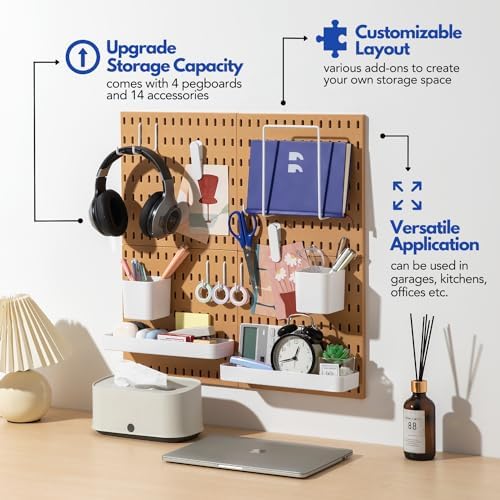 Keepo Peg Board Wall Organizer – Plastic Pegboard Panels, Modular Peg Board Storage System for Home Office, Craft Room, Gaming Setup (Tan Brown, 22″×22″) - Image 2